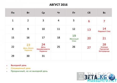 Календаря дат на август 2016 года