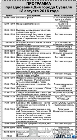 День города Суздаль 2016: какого числа, подробная программа, во сколько салют