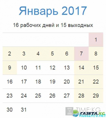 Производственный календарь 2017 на январь