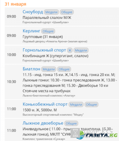 Расписание универсиады 2017 в Алматы сегодня 31.01.17: какие соревнования будут сегодня